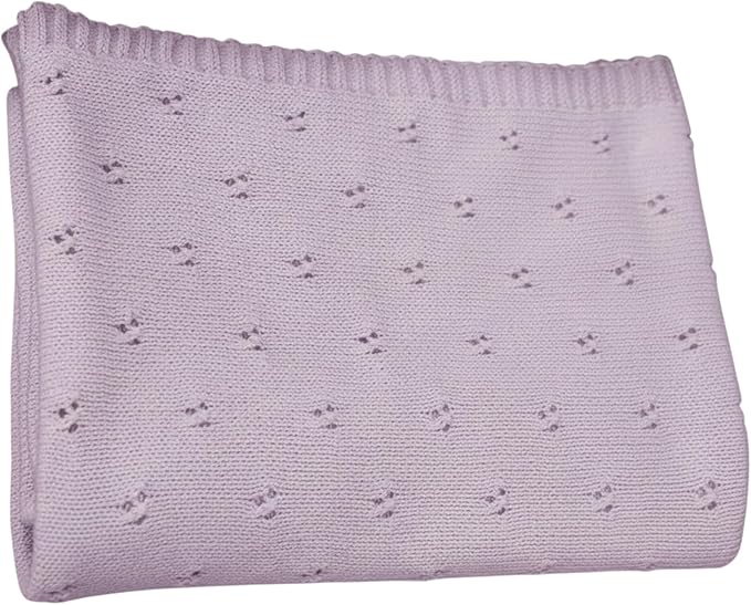 Baby Knit Blanket, 100% Cotton Eyelet Patterns, Soft, Cozy, Lightweight Swaddle for Newborn & Infant Swaddling Beige Neutral, Perfect Baby Shower Ideas Lilac 30x40