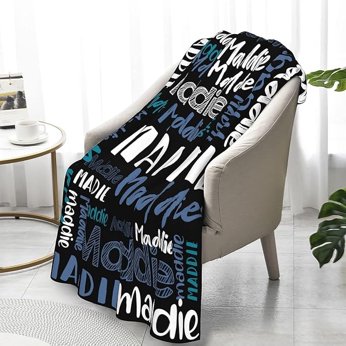 Dr.TOUGH Personalized Blankets with Name Customized Baby Blankets for Girls Boys Adults Monogrammed Blankets and Throws Christmas Birthday Mothers Fathers Valentines Day Gift (Black-Blue, 40''×50'')