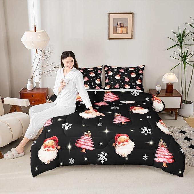 jejeloiu Kids Christmas Theme Comforter Set Toddler Xmas Tree Cute Santa Claus Bow Bedding Set for Boys Girls Teens Winter Snowflake Happy New Year Duvet Quilt Room Decor