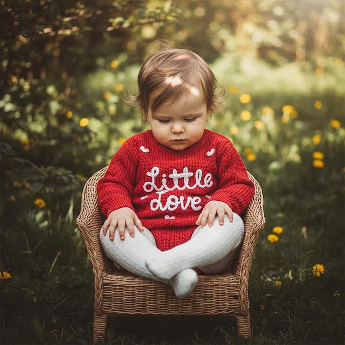 Lesimsam Newborn Baby Boy Girl Valentines Day Outfit Oversized Embroidery Long Sleeve Knit Sweater Bubble Romper Bodysuit