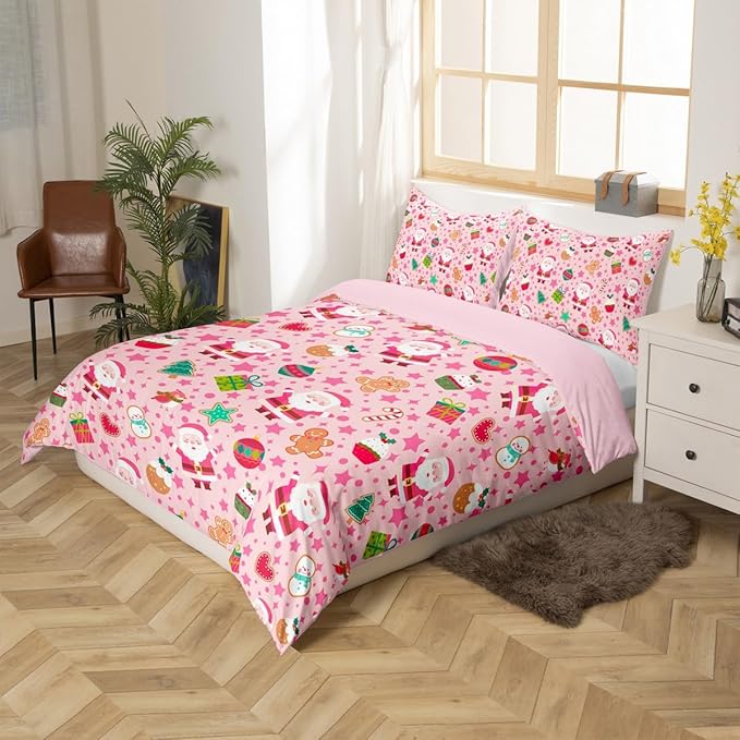 Feelyou Pink Christmas Duvet Cover Twin Size Cartoon Santa Claus Gingerbread Man Bedding Set for Boys Girls Snowman Xmas Decor Comforter Cover Reversible Pink Bedroom Decor 2Pcs