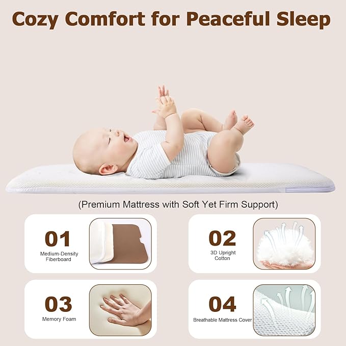 Baby Bassinet Bedside Sleeper 3-in-1, Easy Night Feeding with One-Side Fold & Rolling Wheels, Breathable Mesh, 6-Height Adjustable, Soft Mattress for Newborns