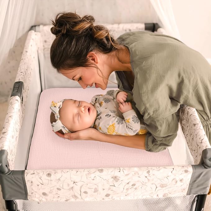 lulumoon Pack and Play Sheets for Girls: Soft Muslin Cotton for Playard Mattress - Stretchy Snug Fit for UPPAbaby Pack n Play
