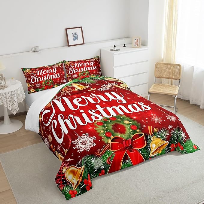 Christmas Wreath Comforter Set Twin Size,Red Bowkont Gold Bell Bedding Set for Kids Boys Girls Room Decor,Snowflake Merry Christmas Quilt Set 2Pcs,Green Leaves Xmas Theme Duvet Insert,1 Pillowcase