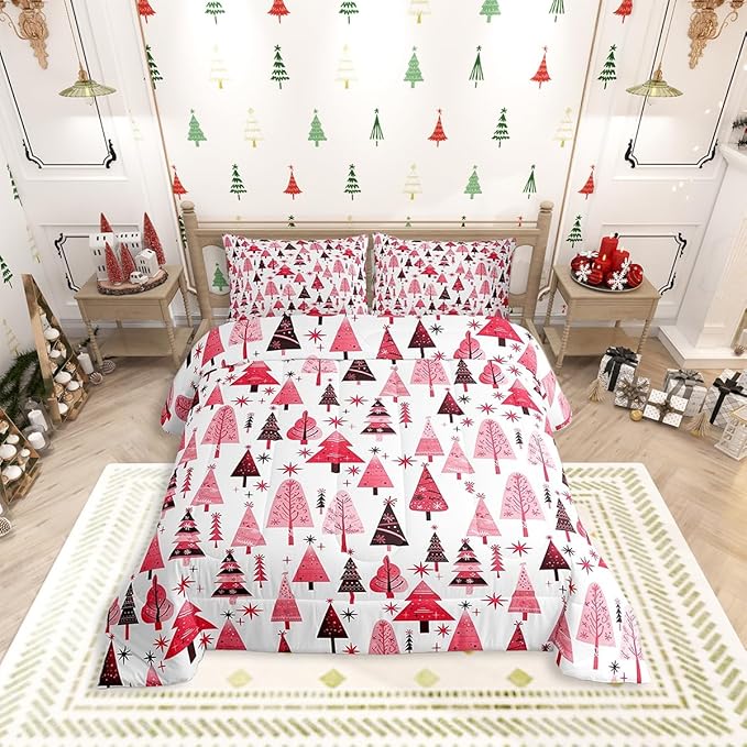 Manfei Pink Xmas Trees Comforter Set King Size, Christmas Theme Bedding Set 3pcs for Kids Boys Girls Adults Room Decor, Happy New Year Down Comforter Soft Polyester Quilt Set with 2 Pillowcases