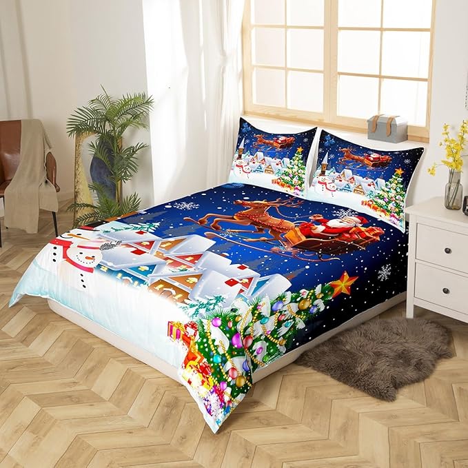 Manfei Christmas Duvet Cover Set Queen Size, Snowman Xmas Tree Santa Claus Bedding Set 3pcs, Reversible Winter Snow Cabin Holiday New Year Quilt Cover with Zipper Closure, 2 Pillowcases, No Comforter