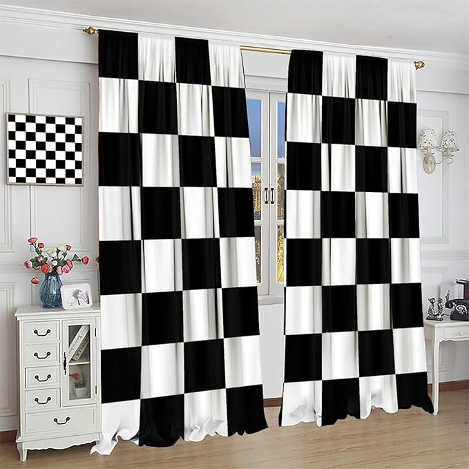 Black Checkered Curtains,70s Vintage Twisted Checkered Window Drapes Colorful Groovy Trendy Wavy Hippie Grid Print Window Treatments for Kids Boy Bedroom Living Room 52" W X 84" L