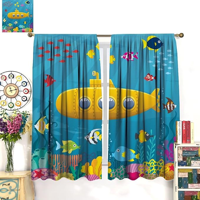 Boy Window Curtains Submarine Window Drapes Yacht Window Treatments Underwater World Oasis Thermal Drapes for Kids Girls Toddler Teens Room Dorm Decor Set 2 Panels,84x84 Inches, Style-1