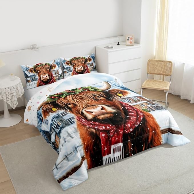 Feelyou Merry Christmas Bedding Set Soft for Boys Girls, Highland Cow Comforter Set Twin Size Snowflake Duvet Quilt Microfiber Winter Bedroom Decor 2 Pcs with 1 Pillow Cases