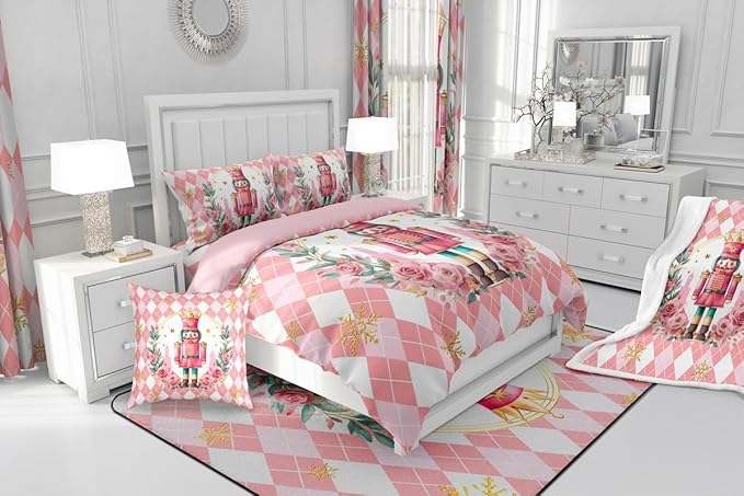 Feelyou Christmas Comforter Set Twin Size Pink Nutcrackers Bedding Set for Kids Boys Girls Rhombus Pattern Duvet Quilt Floral Bedroom Decor Snowflake Microfiber 2 Pcs with 1 Pillow Cases