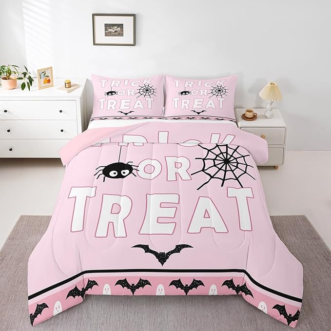 Erosebridal Happy Halloween Comforter Set Toddler Size Spider Web Bedding Set Bat Ghost Quilt for Kids Boys Girls Teens Cartoon Style Bedding Comforter Sets with 1 Pillow Case