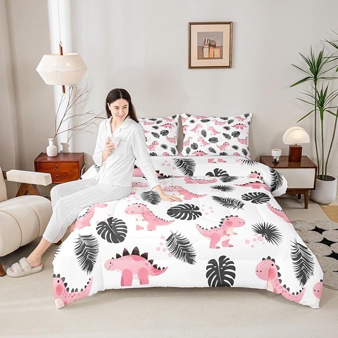 Cartoon Pink Dinosaur Twin Size Comforter Set,Watercolor Cute Animals Duvet Set Soft Bed Collection,Palm Leaf Tropical Plants Bedding Comforter for Boys Girls Bedroom,2 Pcs