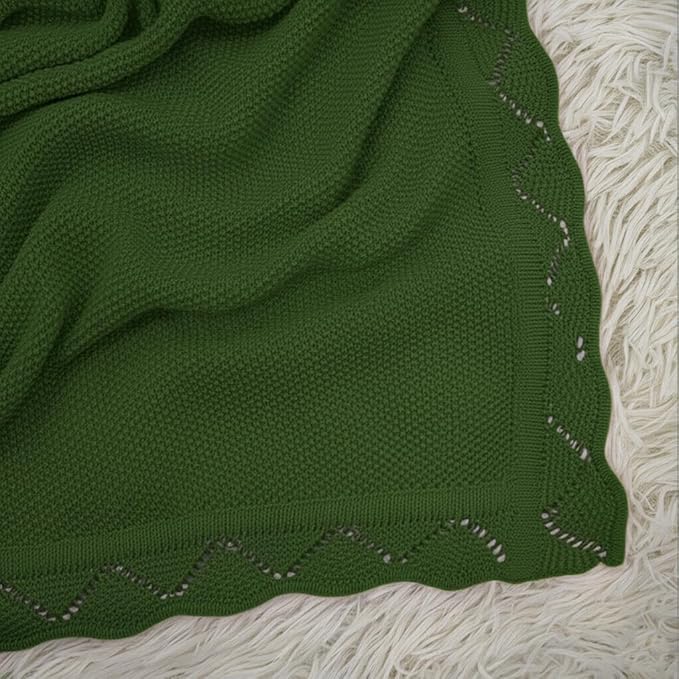 Baby Knit Blanket Soft Breathable Cotton Scallop Border Blankets Newborn Knitted Blanket Swaddle Blankets Gifts for Baby Newborn Toddler Shower Boy Girl New Mom Birthday Christmas Green 30x30