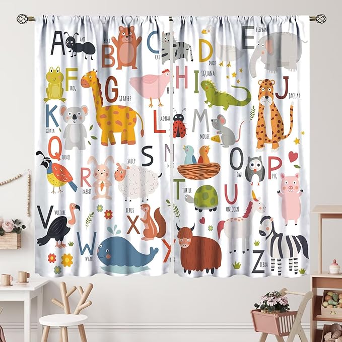 Alphabet Kids Learning Curtains Cartoon Animal Baby Boys Child Educational Curtain with Rod Pocket for Bedroom Nursery Home Decor Drapes Window Treatments 2 Panels Set 42" W X 45" L