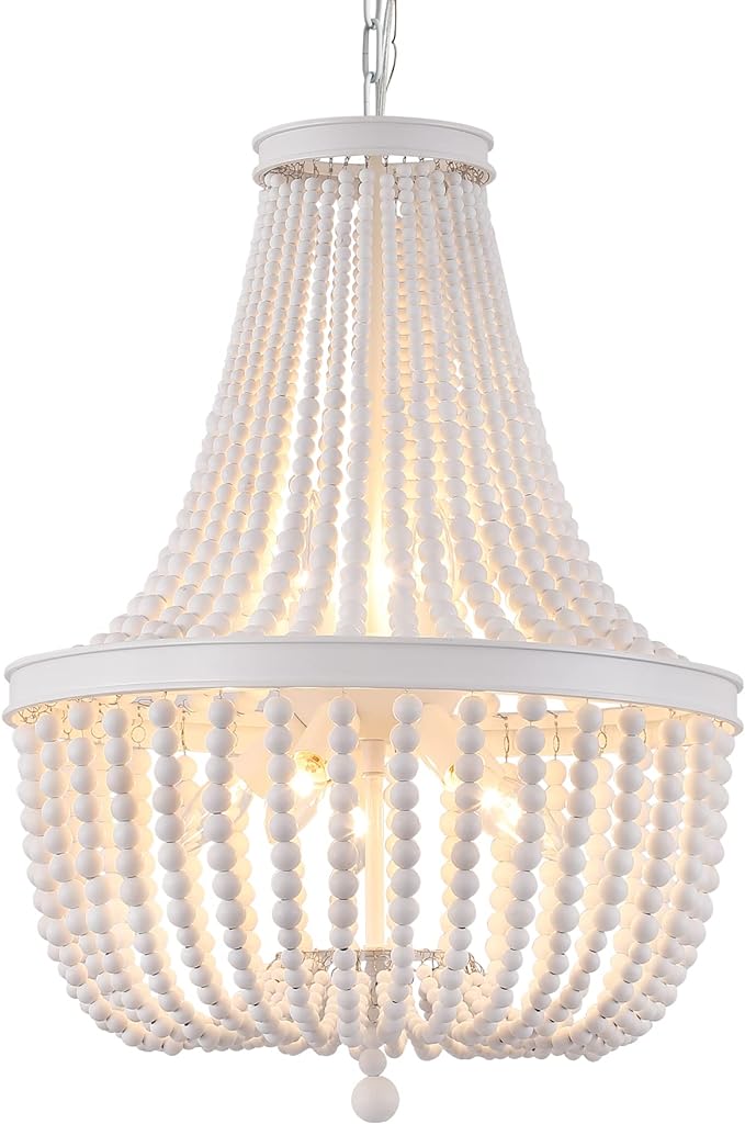 Q&S Beaded Chandelier Farmhouse White Wood Beaded Boho Light Fixture Vintage Antique 8 Lights for Dining Room Nursery Kitchen Foyer Bedroom Living Room UL Listed