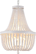 Q&S Beaded Chandelier Farmhouse White Wood Beaded Boho Light Fixture Vintage Antique 8 Lights for Dining Room Nursery Kitchen Foyer Bedroom Living Room UL Listed