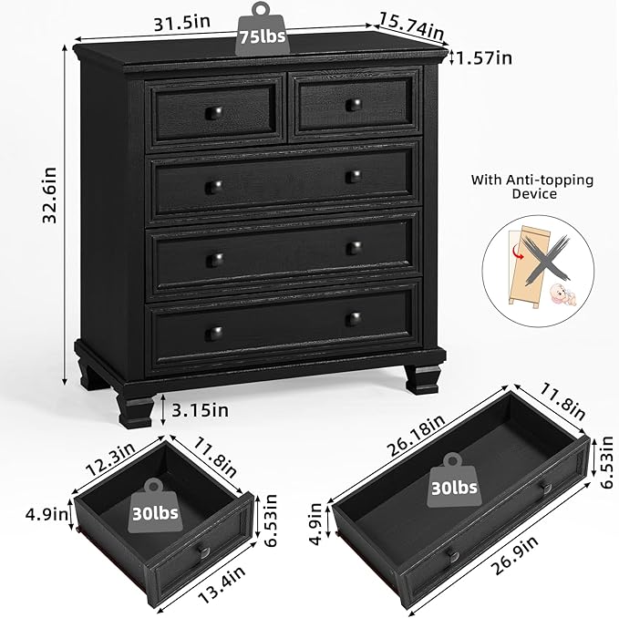 Farmhouse Black Bedroom Sets of 4, Includes 6 Drawer Large Dresser, Vintage Night Stand with 3 Drawers, Small 5 Chest of Drawers, Wood Rustic Dresser & Nightstand Set for Bedroom, Home