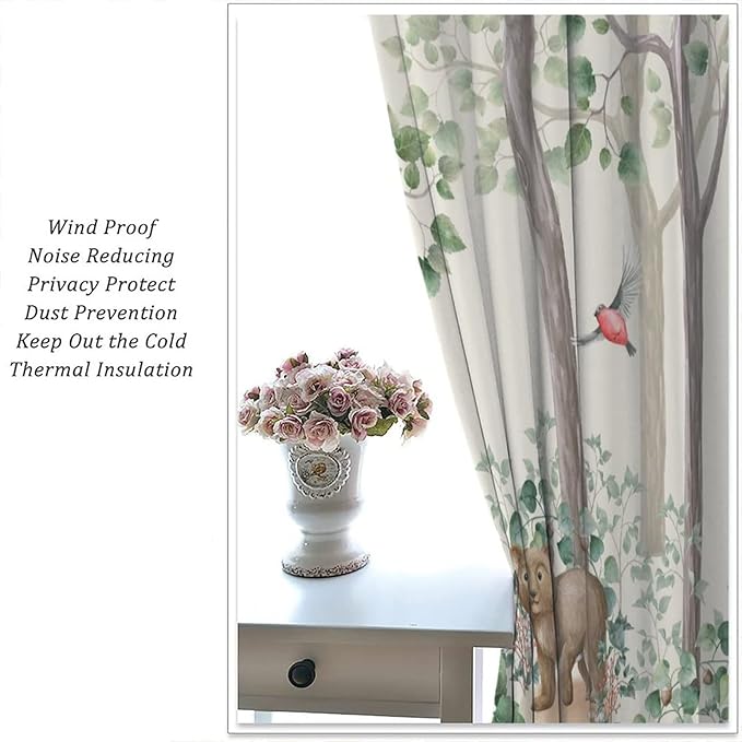 Forest Animal Curtains,Fox Elk Bird Animal Watercolor Woodland Print Curtains Kids Nursery Bedroom Living Room Home Decoration 84x84in