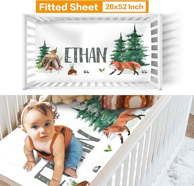 Custom Crib Bedding Set - Woodland Animals Design Personalized Name Baby Nursery Bedding 3 Pcs Set - Chic Soft Blanket, Sheet, Pillowcase for Newborns Boys Girls Gifts Color21
