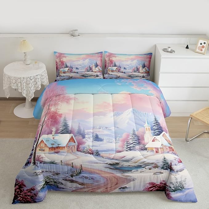 Feelyou Merry Christmas Kids Comforter Set King Size Village Barn Bedding Set Winter Snowscape Duvet Quilt for Kids Boys Girls Bedroom Pine Tree Decor Microfiber Ultra Soft Breathable