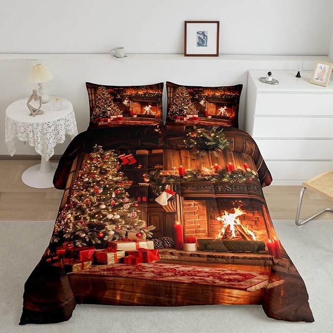 Vintage Xmas Comforter Set - Twin Size, Merry Christmas Tree Bedding Set for Kids, 2Pcs Pine Tree Luxury Duvet Insert, 1 Pillowcase