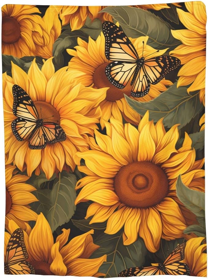 Sunflower Butterfly Blanket Gifts for Girls Women Floral Flannel Throw Blankets for Home Couch Bed Sofa Soft Fuzzy Lightweight Decor All Season 60x50 Inches