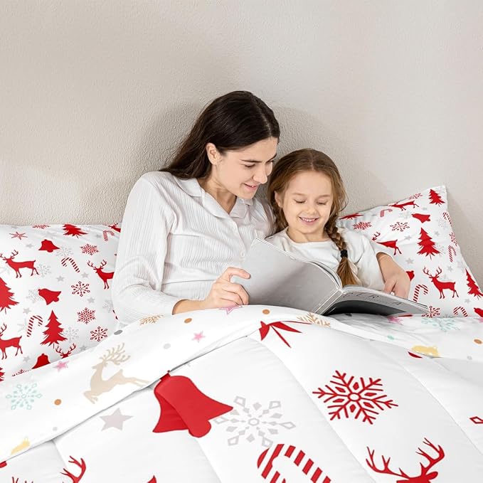 Feelyou Merry Christmas Bedding Set Soft for Boys Girls, Xmas Tree Reindeer Comforter Set Twin Size Candy Cane Bell Duvet Quilt Microfiber Snowflake Bedroom Decor 2 Pcs with 1 Pillow Cases