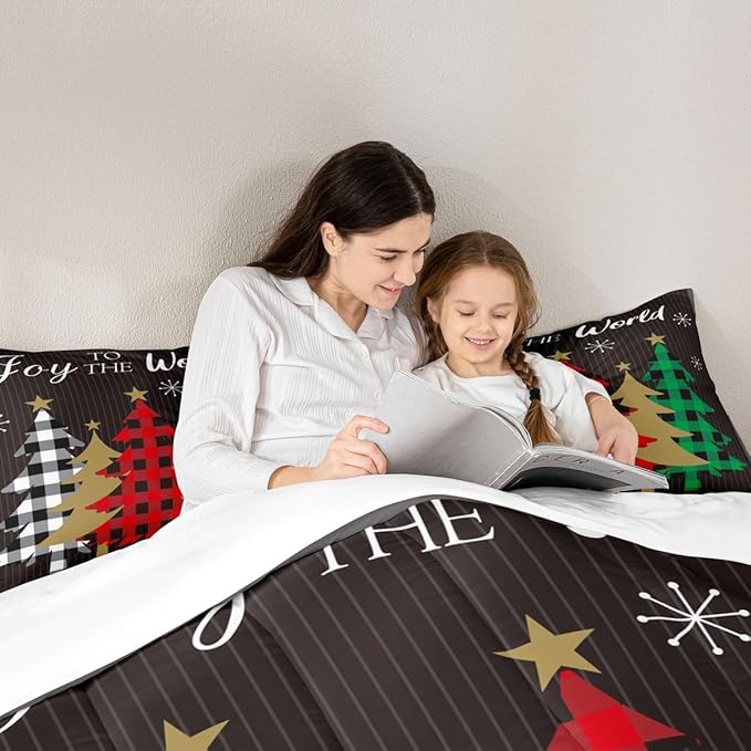 Christmas Kids Comforter Set King Size,Plaid Pine Trees Snowflake Bedding,Girls Boys Adults Bedroom/Xmas Cabin Decor,Geometric Lines Stylish Down Comforter,Rustic Colorful Duvet Insert,2 Pillowcases