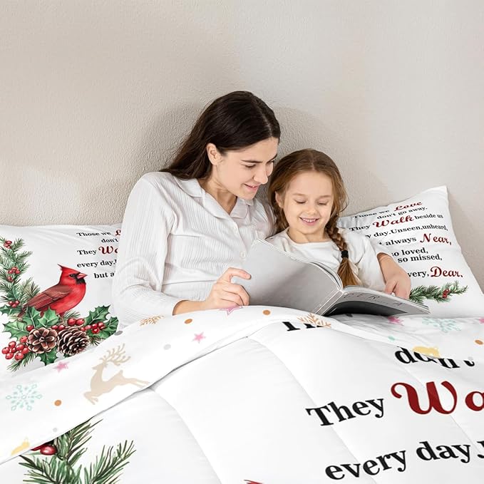 Red Cardinal Comforter Set Full Size,Christmas Birds Holly Pinecones Kids Bedding Set,Berries Poinsettia Rustic Animal Quilt Comforter,White Red Green Duvet Insert,2 Pillowcases