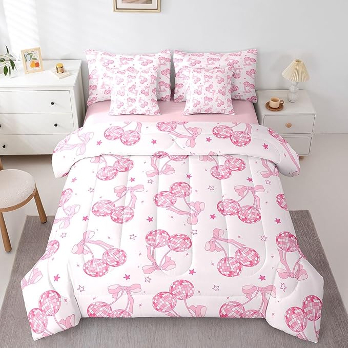 7 Pieces Bowknot Princess Kids Comforter Set King,Disco Crystal Ball Western Cowgirl Bedding Set,Starry Sky Bow Tie Romantic Pink Girly（Comforter+Fitted+Flat Sheet+2 Pillowcases+2 Throw Pillow Covers）