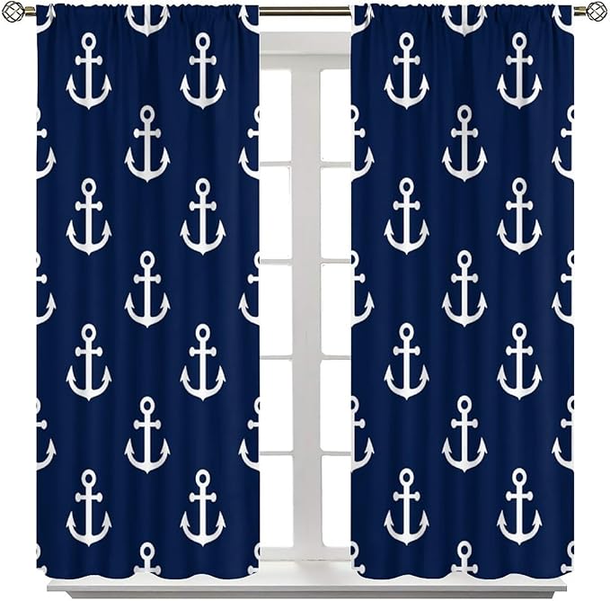 Nautical Costal Curtains,MarineThemed Oceanic Anchor Pattern Blackout Print Home Bedroom Living Room Window Treatments 2 Panel Set 72x63 Inch