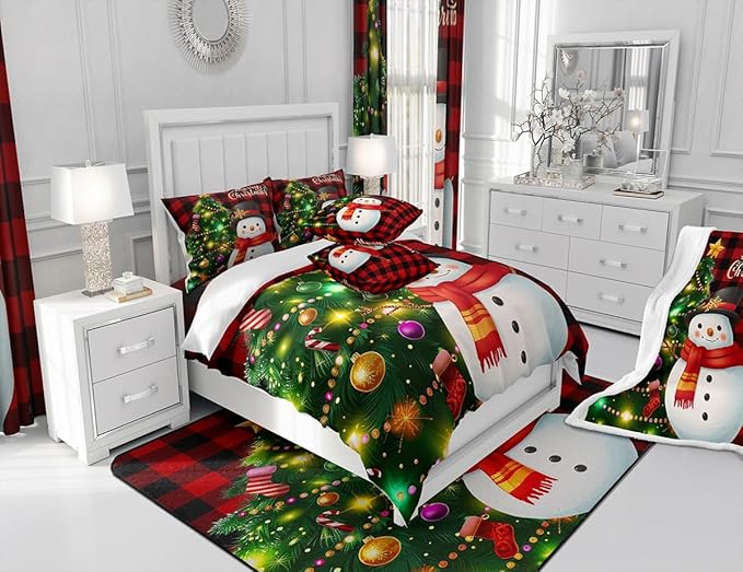 Manfei Christmas Duvet Cover Set Twin Size, Snowman Christmas Tree Comforter Cover with 1 Pillowcase, Red Plaid Grid Print Bedding Set 2pcs for Kids Boys Girls Room Decor,No Comforter