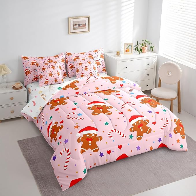 Feelyou Christmas Pink Bed in a Bag Cartoon Christmas Gingerbread Man Comforter Set with Sheets Xmas Theme Bedding Set for Kids Boys Girls Stars Candy Bed Set Decor King Size
