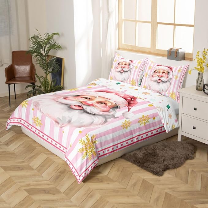 Manfei Cartoon Santa Claus Duvet Cover,New Yrar Decor Golden Snowflake Christmas Theme Bedding Set for Bedroom Decor,Girly Pink Geometric Stripes All Season Bedding (NO Comforter) Full Size