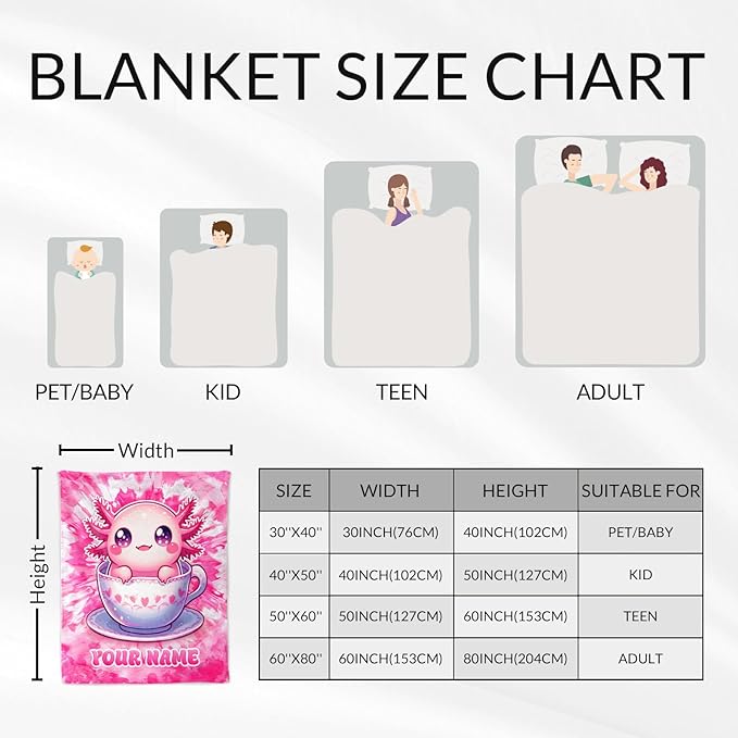Personalized Axolotl Blanket Gifts - 60" x 80" Inches Cute Throw Blankets for Adult, Women - Pink Cozy Flush Girls Throw for Sofa, Bed & Living Room