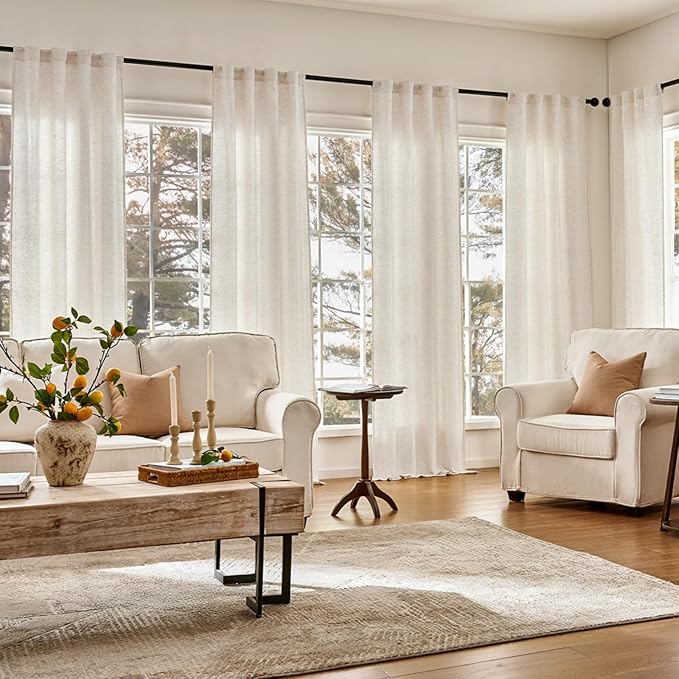 jinchan Linen Blend Curtain for Bedroom 84 Inch Length 2 Panels for Living Room, 38 Inch Wide Farmhouse Drapes with Rod Pocket Back Tab(38W x 84L, Ecru)