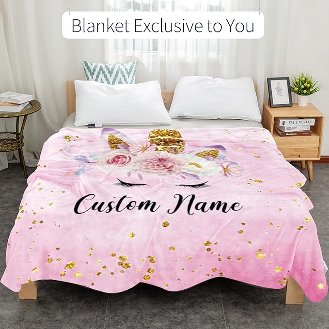 Personalized Unicorn Blanket with Name for Girl, Custom Name Blanket for Teen, Soft Flannel Pink Unicorn Toddler Blanket Customized Gift for Birthday New Year Gift 50''x60''