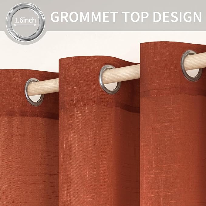 MIULEE Burnt Orange 2 Panels 90 Inch Long Farmhouse Linen Sheer Window Curtains Elegant Terracotta Rust Fall Autumn Drapes Grommet Top Linen Textured Voile for Bedroom Living Room (52 X 90 Inch)