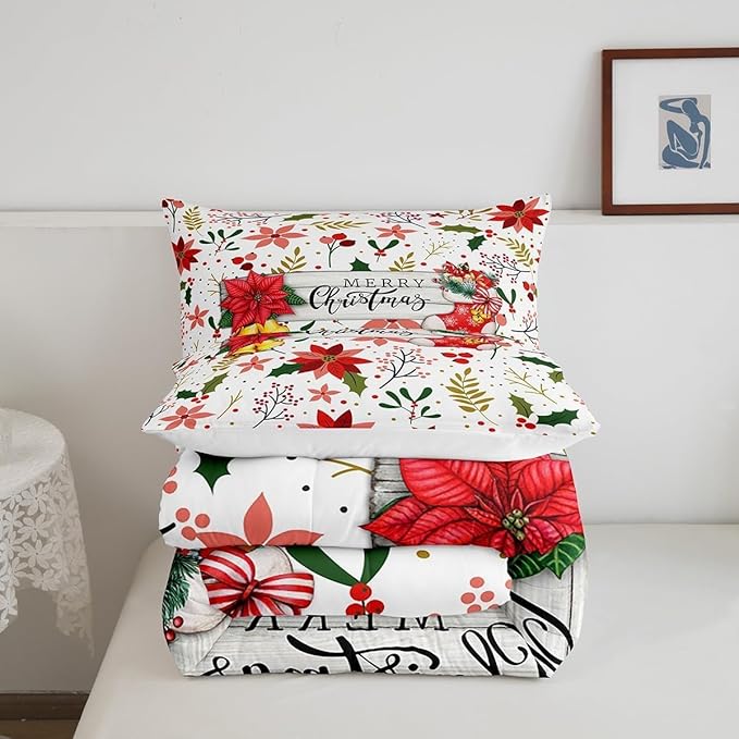 Castle Fairy Merry Christmas Comforter Set Toddler Size,Red Xmas Flowers Berry Leaves Plant Bedding Set with 1 Pillowcase,Floral Themed Bell Socks Print Quilted Duvet Set for Kids Boys Men, White