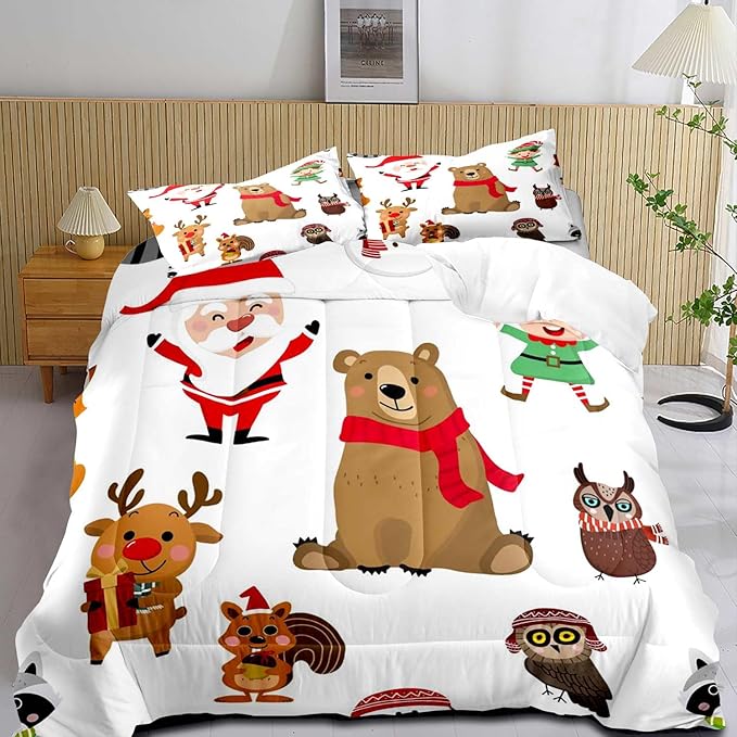LUVIVIHOME 3PCS Merry Christmas Comforter Set King Size, Boys Girls Kids Bedding, White Quilt, Funny Cute Cartoon Santa Claus Elf Owl Elk Reindeer Squirrel Xmas Christmas Bedroom Decor, 2 Pillow Shams