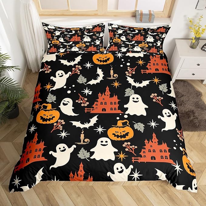 Halloween Bedding Duvet Cover Set Kids Cartoon Jack O Lantern Bedding Set Kids Ghost Pumpkin Lantern Decor Comforter Cover Set Microfiber Bats Castle Bedspread Cover Bedroom Bedclothes Full Size