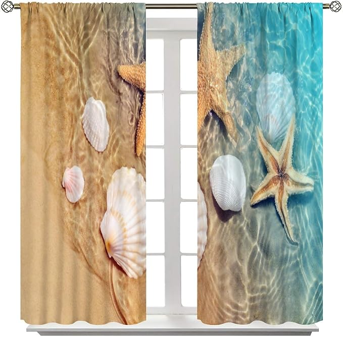 Beach Curtain for Bathroom Decor，Sea Turtle Starfish Seashell Nautical Ocean Coastal Scenery Art Printed Fabric Polyester Waterproof Set 2 Panels,84x84 Inches