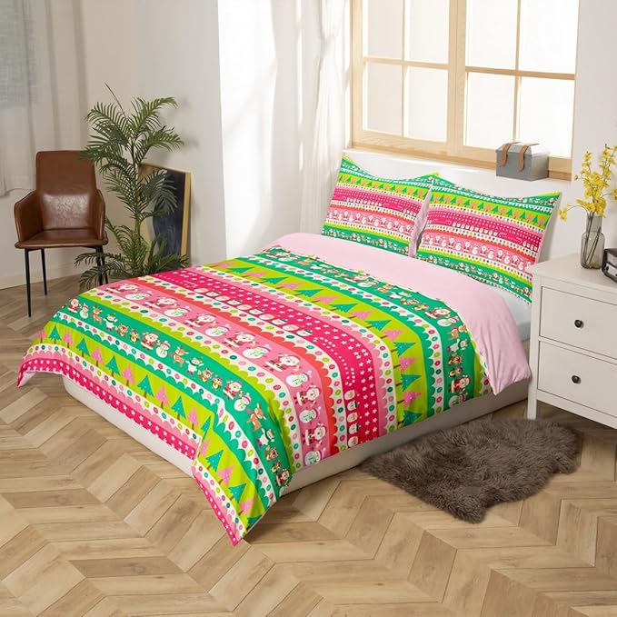 Christmas Bedding Set Cute Fox Santa Claus Polar Bear Comforter Cover for Kids Boys Girls Teens Christmas Tree Duvet Cover Breathable Pink Dots Stripe Bedspread Cover Room Decor Quilt Cover Queen Size