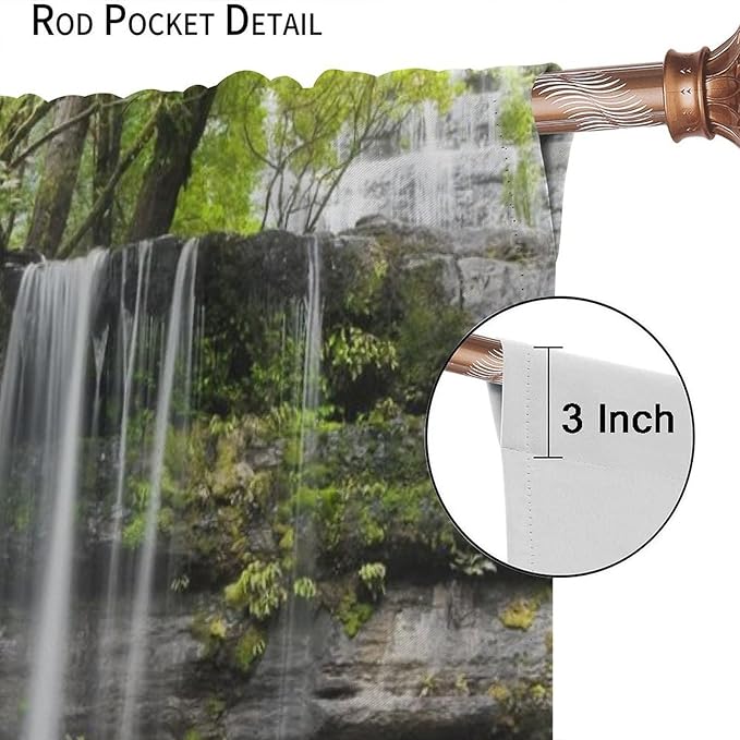 Natural Landscape Waterfall Blackout Curtains, Forest Falls Spring Natural Scenery Green Plant Tree Leaf Rod Pocket Window Drapes, for Bedroom Living Room 63" W X 72" L
