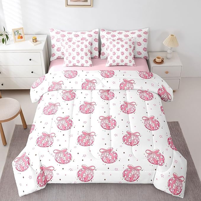 7 Pieces Bow Tie Princess Comforter Set King,Western Cowgirl Disco Crystal Ball Dreamy Bedding Set,Star Bowknot Patchwork Romantic Pink（Comforter+Fitted+Flat Sheet+2 Pillowcases+2 Throw Pillow Covers）