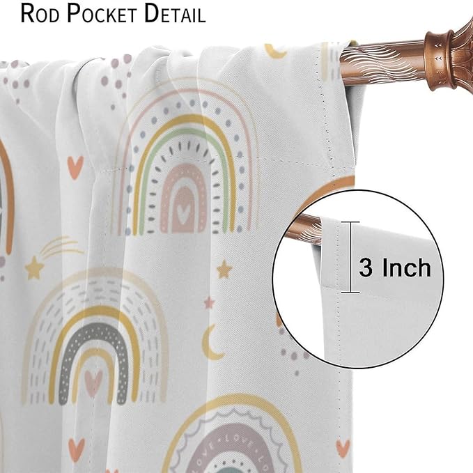 Kids Rainbow Curtains Boho Cartoon Colorful Stars Love Heart Lovely Abstract Art Pattern Print Window Drapes for Girl Bedroom Living Room Kitchen Decor,2 Panel Set,42Wx63H Inch Blackout