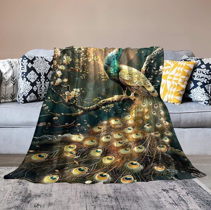 Peacock Blanket Gold Peacock Gifts for Girls Boys Woman Kids Lover Throw Blankets Soft Blanket Warm Fleece Flannel Plush Blankets for Bed Sofa Couch 50"x60"