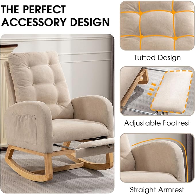 NIOIIKIT Nursery Rocking Chair, Linen Upholstered Glider Chair with Footrest, Tufted Rocker Recliner with Side Pocket, Comfy Recliner Glider, Accent Chair for Living Room (Cream Linen)