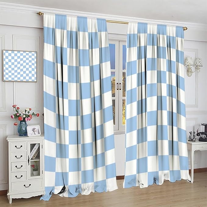 Blue Checkered Curtains,70s Vintage Twisted Checkered Window Drapes Colorful Groovy Trendy Wavy Hippie Grid Print Window Treatments for Kids Girls Bedroom Living Room 42" W X 45" L