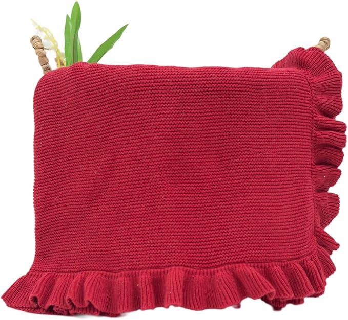 Cotton Baby Blanket with Ruffle Edge Soft Breathable Newborn Blanket for Boys & Girls, Lightweight Knit Throw for Crib, Stroller & Nursery Multiple Colors Available Red 28x36